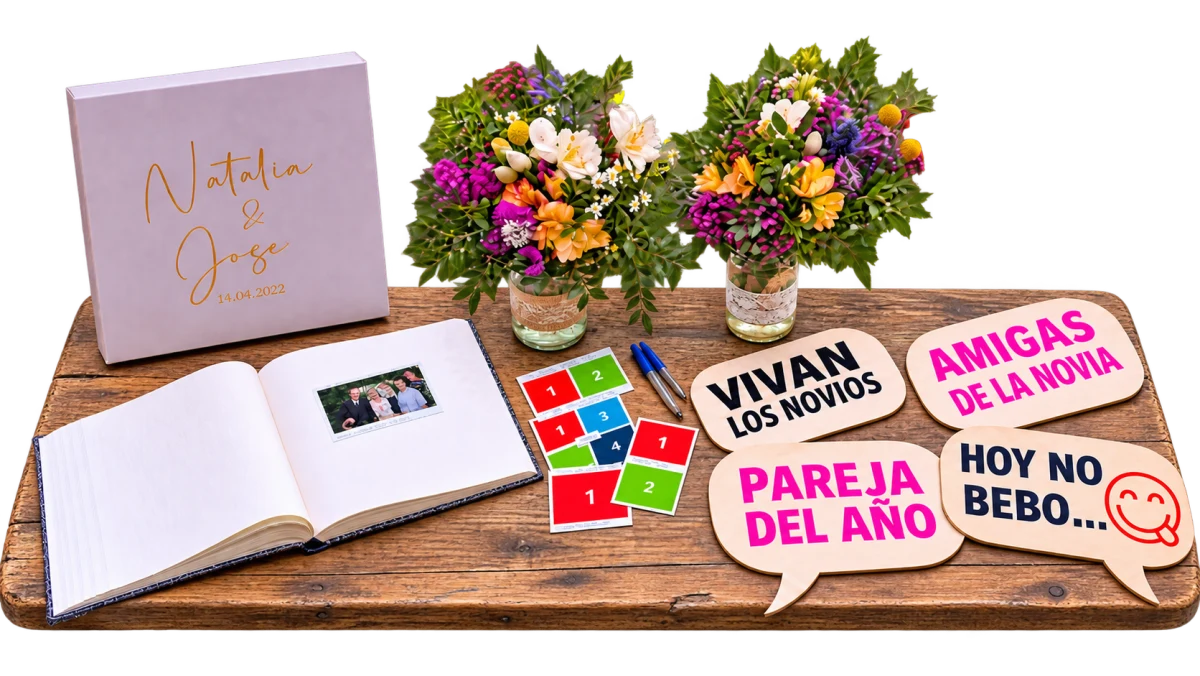Álbum de firmas personalizado con cajita de 30×30 cm, ramos y carteles de atrezzo